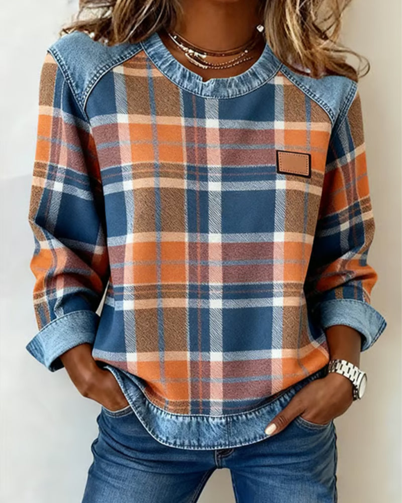 Sweat-shirt pull en denim patchwork à col rond pour femme