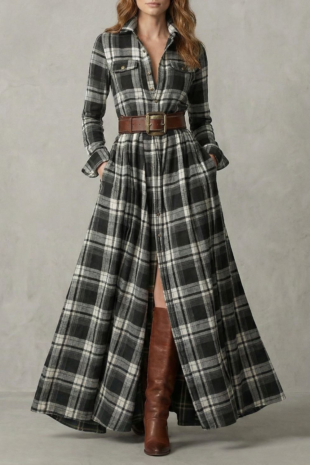 Velerine – Charme des Highlands – Robe-chemise longue à carreaux (ceinture incluse)
