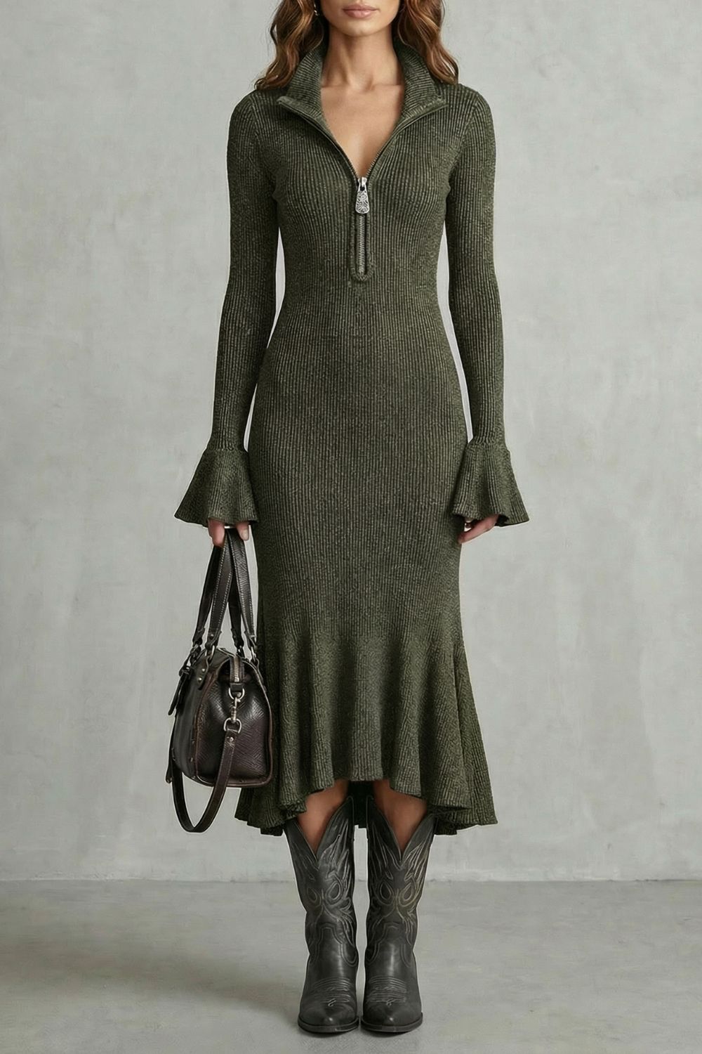 Veloria – Élégance à poignets évasés – Robe midi zippée