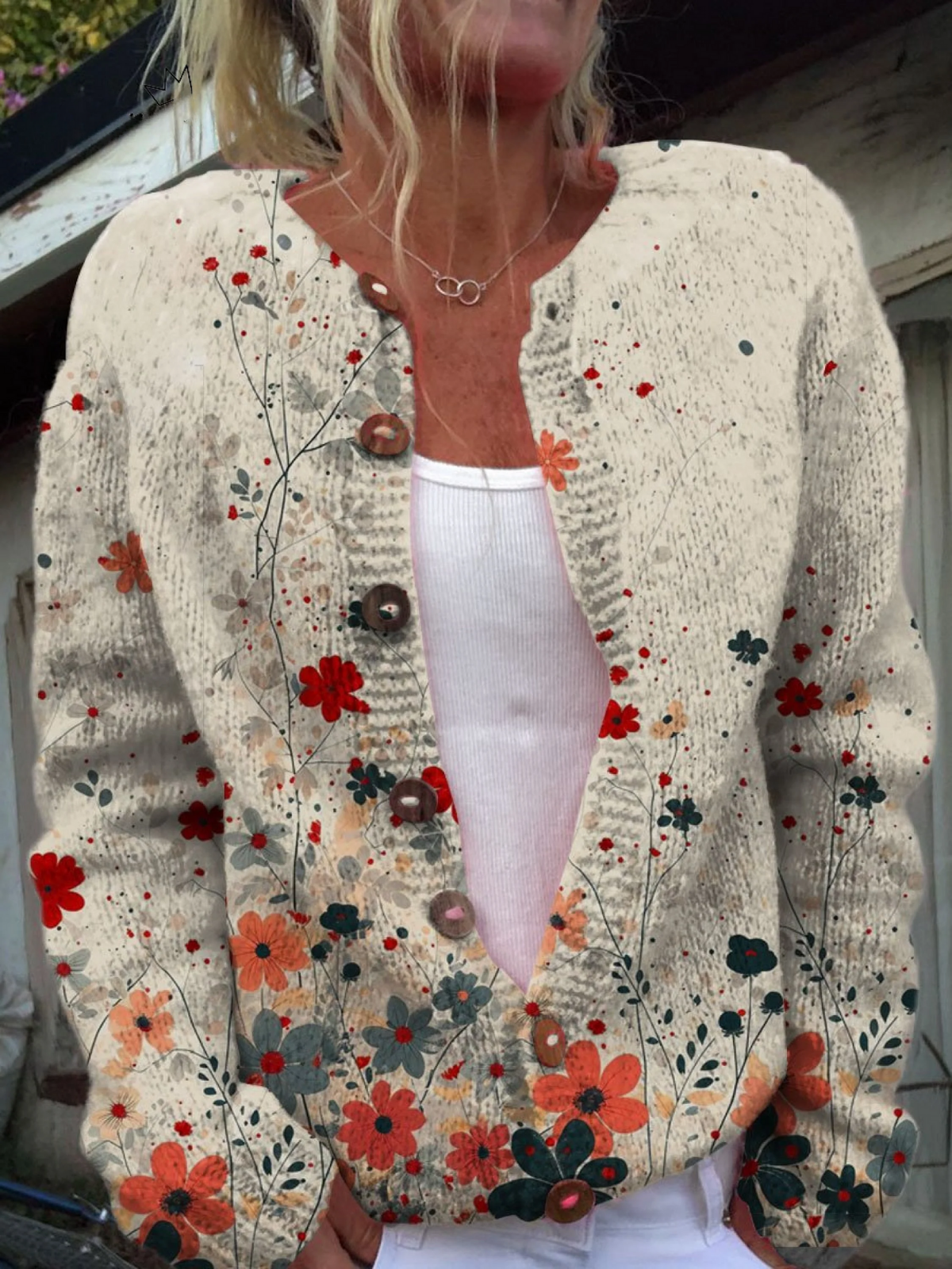 Pull cardigan boutonné à imprimé floral vintage