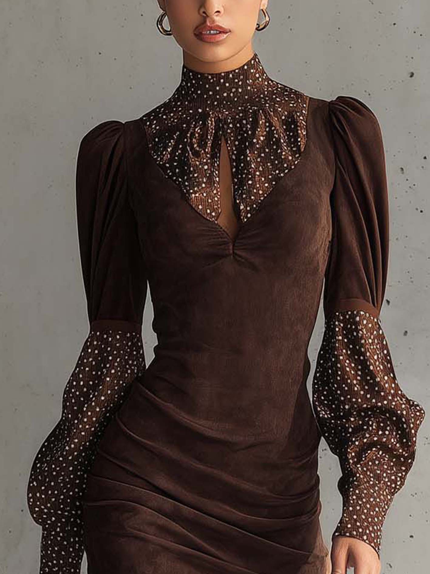 Robe moulante marron en faux daim à pois satinés