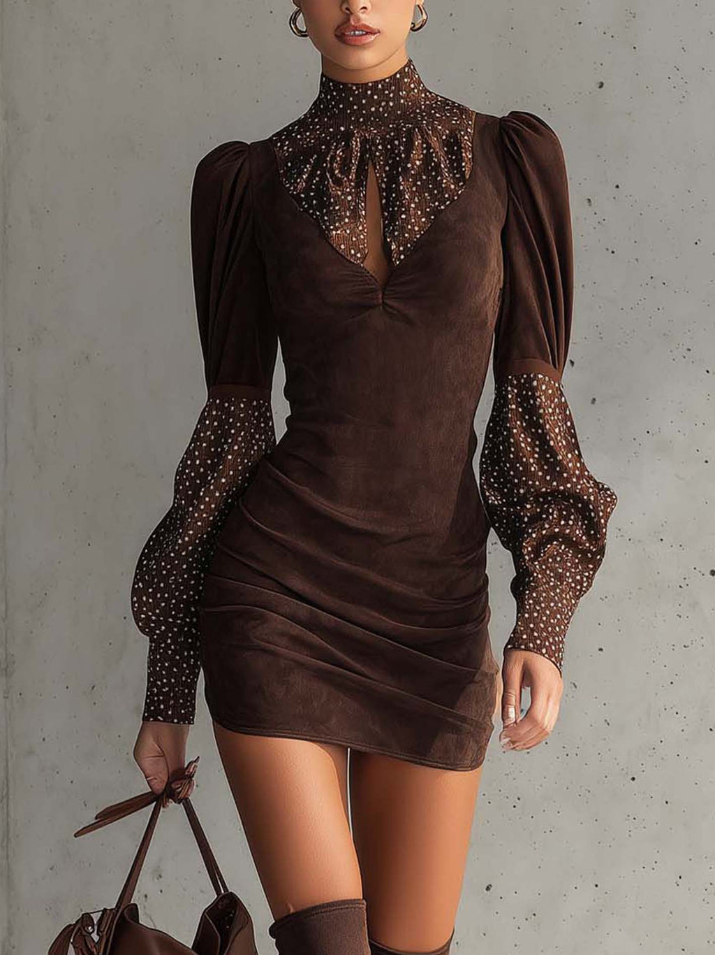 Robe moulante marron en faux daim à pois satinés
