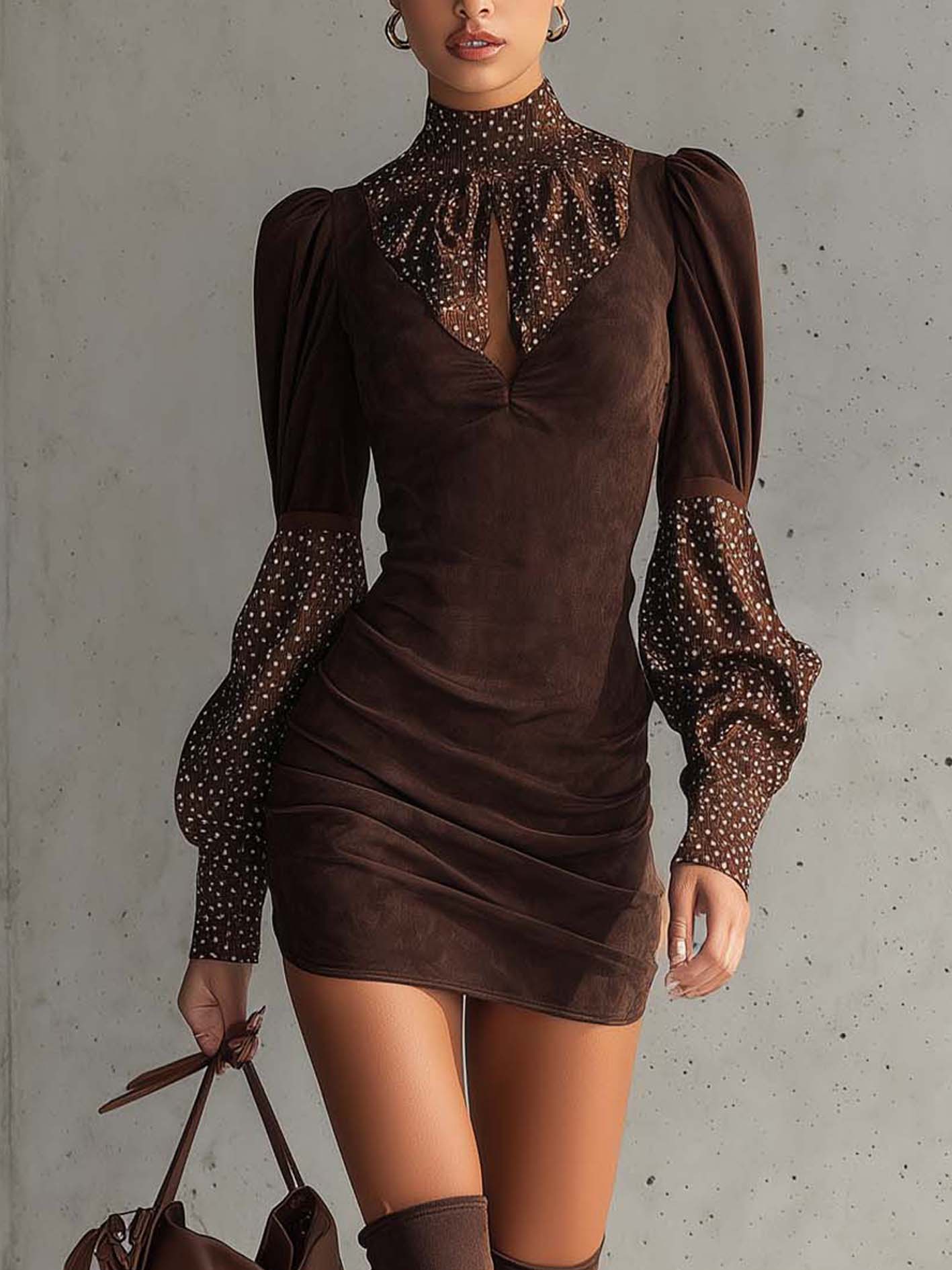Robe moulante marron en faux daim à pois satinés