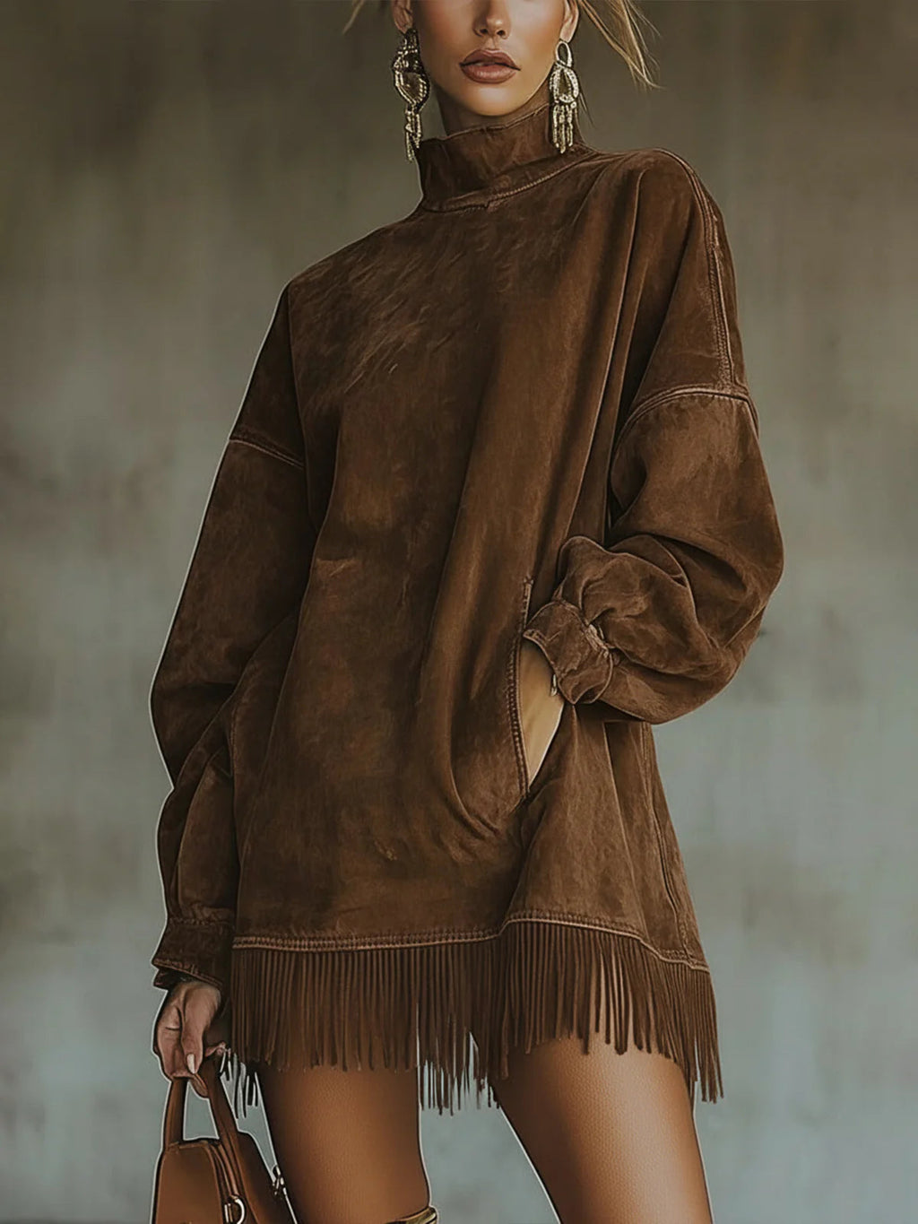 Darcie | Robe à col roulé en daim à franges