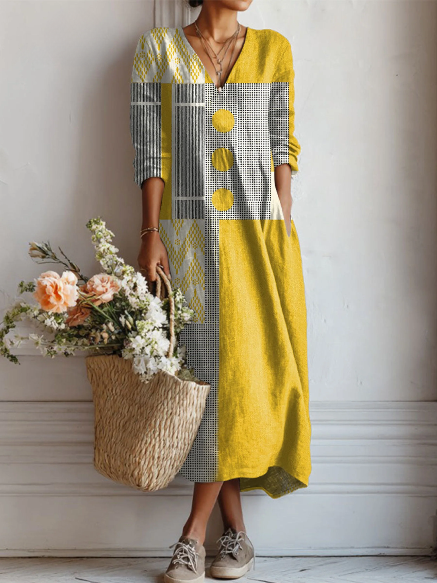 Women's Vintage Abstract Geometry Art Print Linen Pocket Tunic Dress