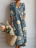 Robe à poches en coton et lin imprimé floral vintage pour femme