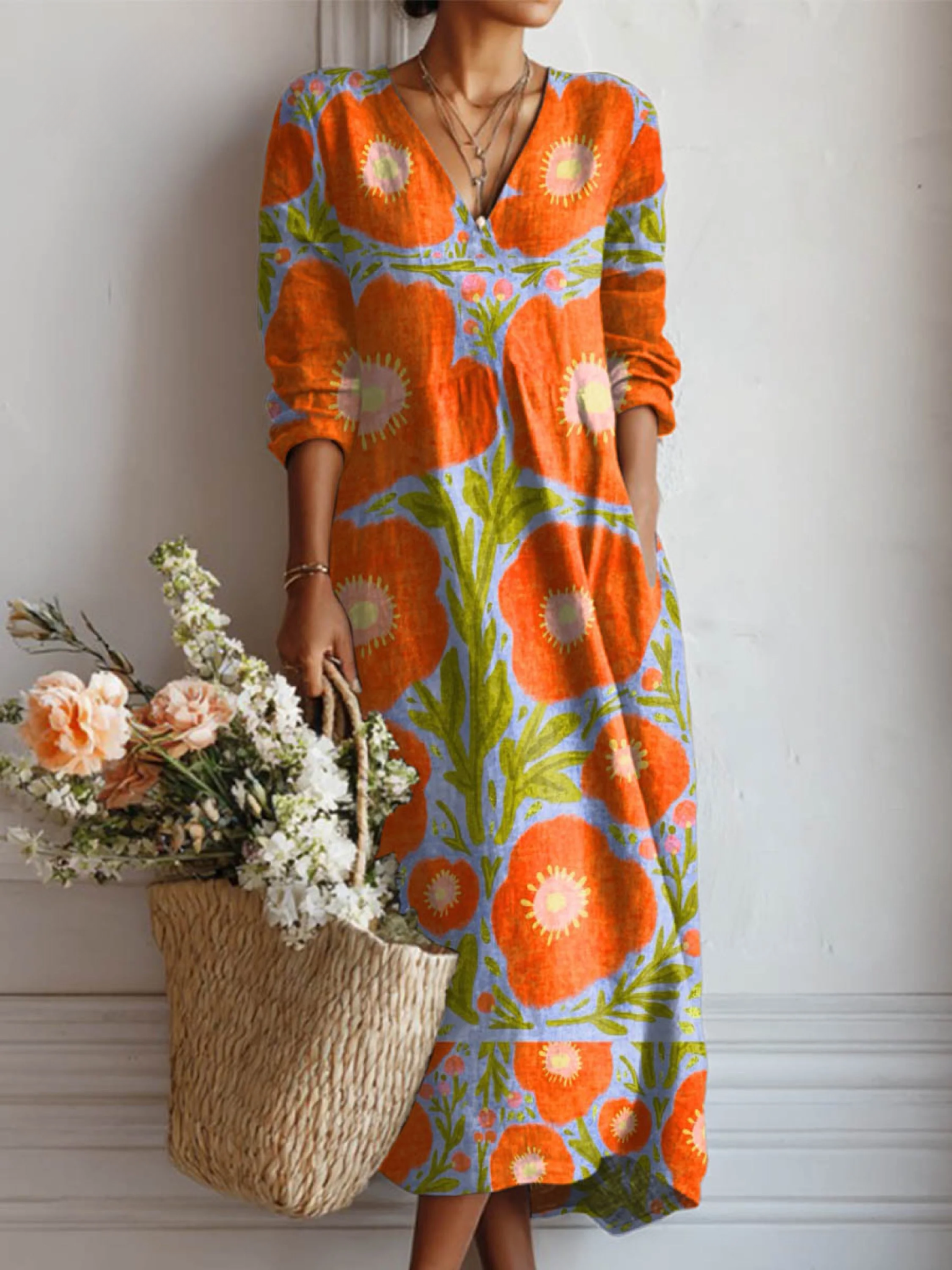 Robe à poches en coton et lin imprimé floral vintage pour femme