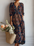 Robe tunique en lin à poches et imprimé floral vintage pour femme