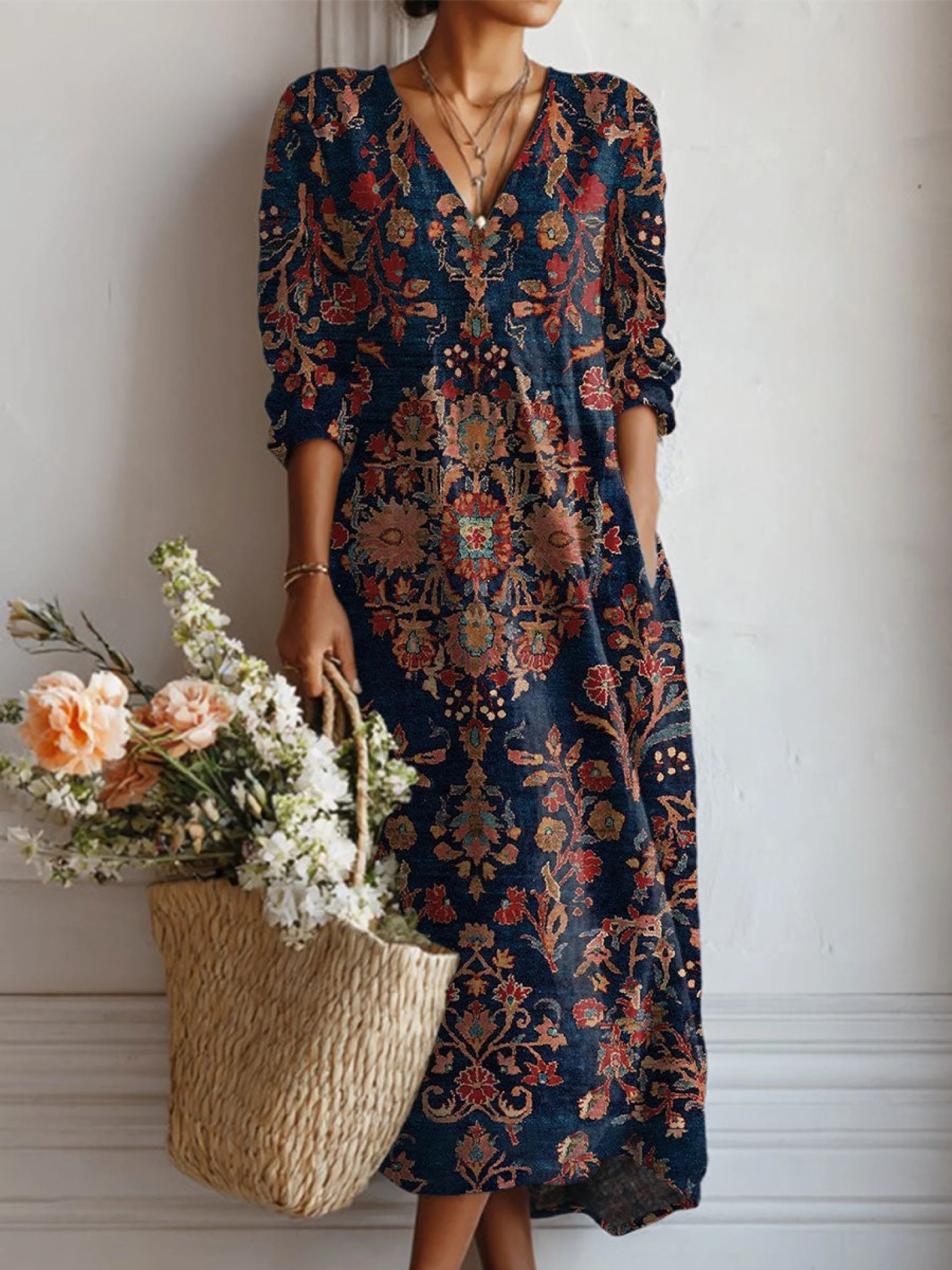 Robe tunique en lin à poches et imprimé floral vintage pour femme