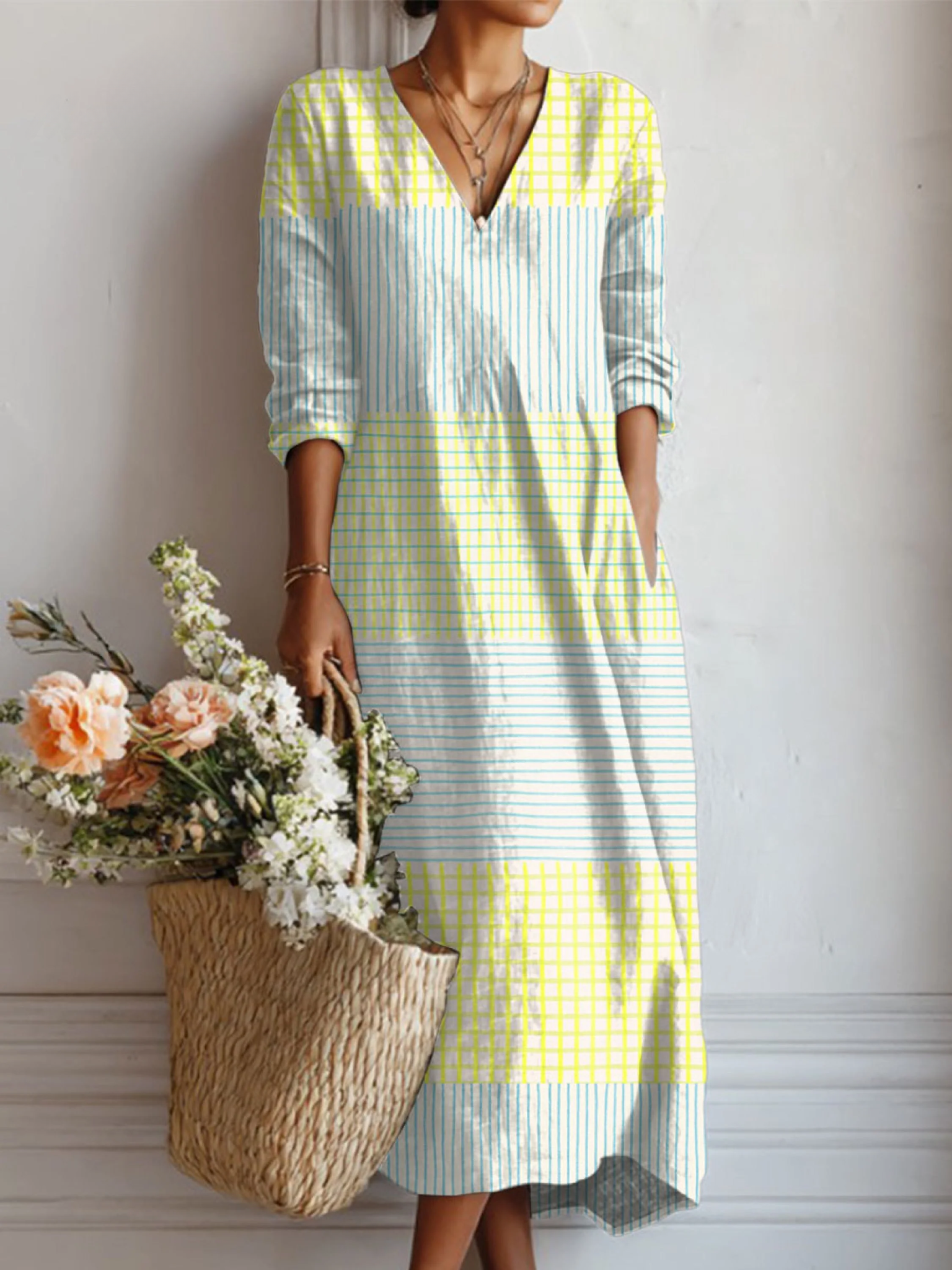 Robe en lin à poches pour femme, imprimée d'art géométrique abstrait vintage