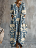 Robe en coton à imprimé floral vintage pour femme, avec poche et col en V.