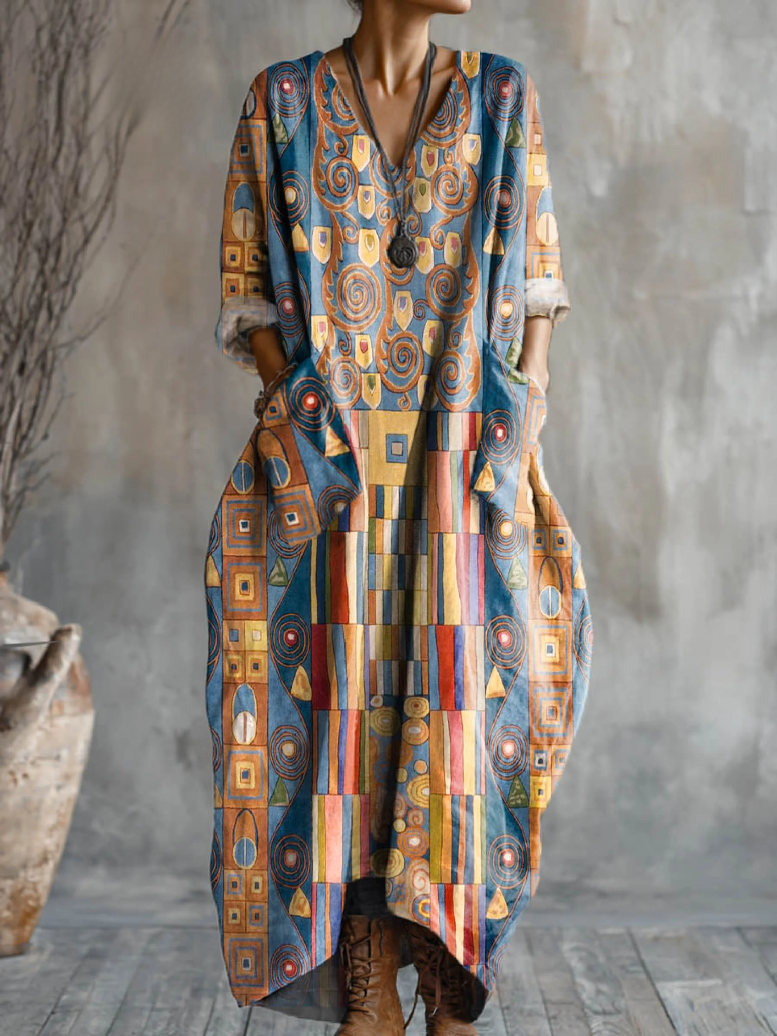 Robe en coton à col en V et poches, imprimée d'un motif géométrique abstrait pour femme