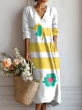 Robe en lin à poches pour femme, imprimée d'un motif teckel vintage