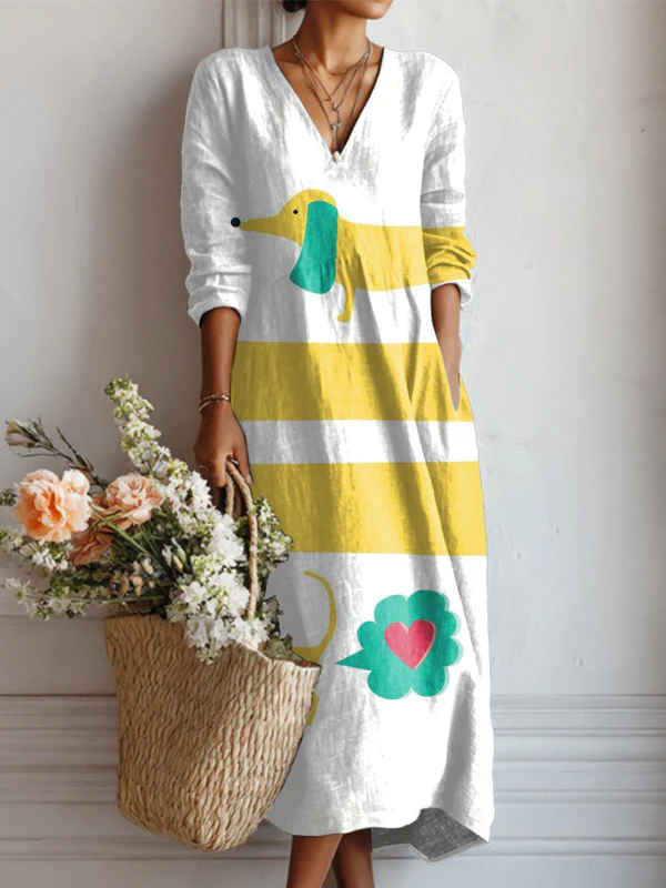 Robe en lin à poches pour femme, imprimée d'un motif teckel vintage