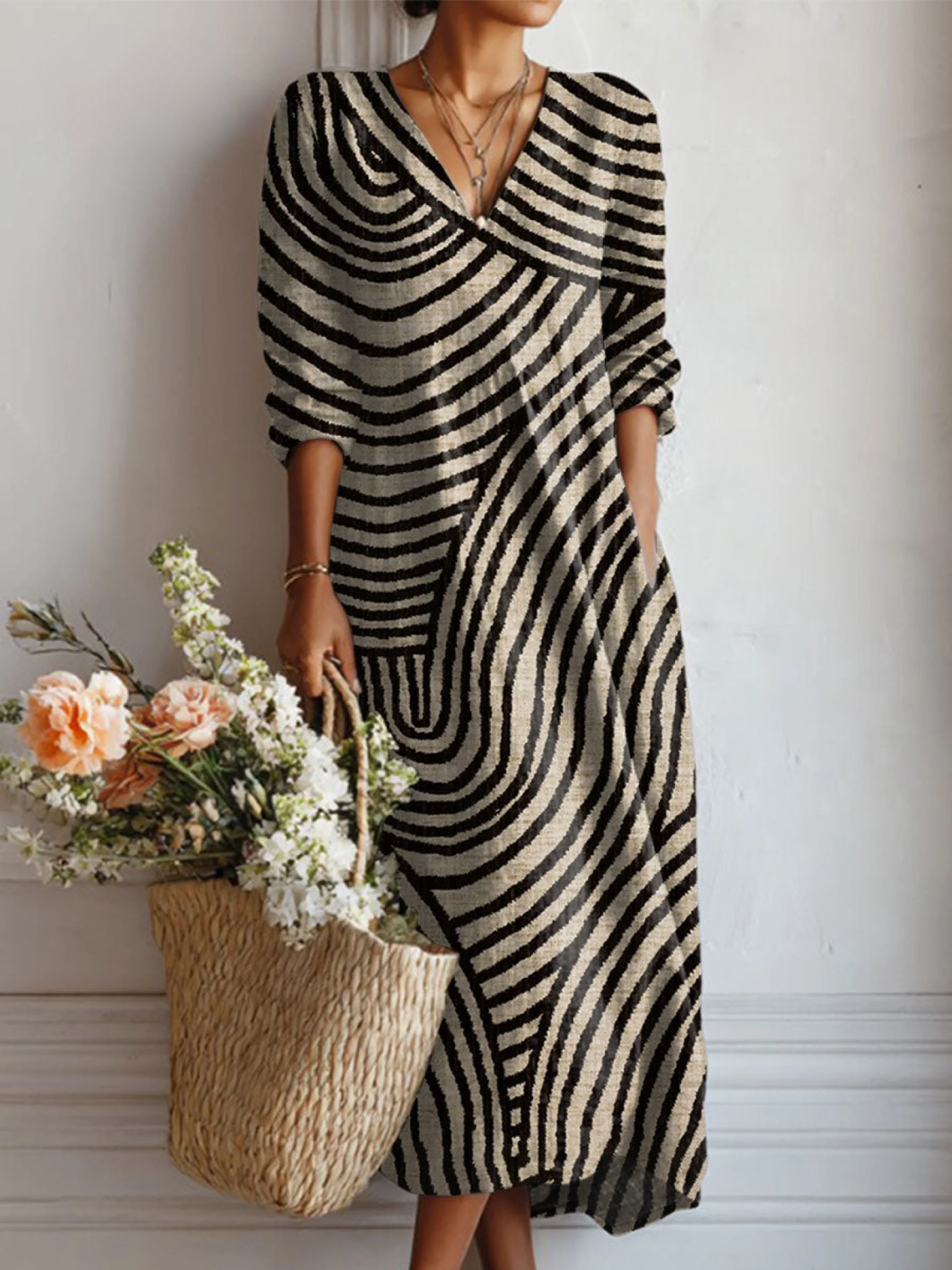 Robe en lin à poches pour femme, imprimée d'art géométrique abstrait vintage