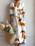 Robe en lin à poches pour femme, imprimée d'un motif teckel vintage