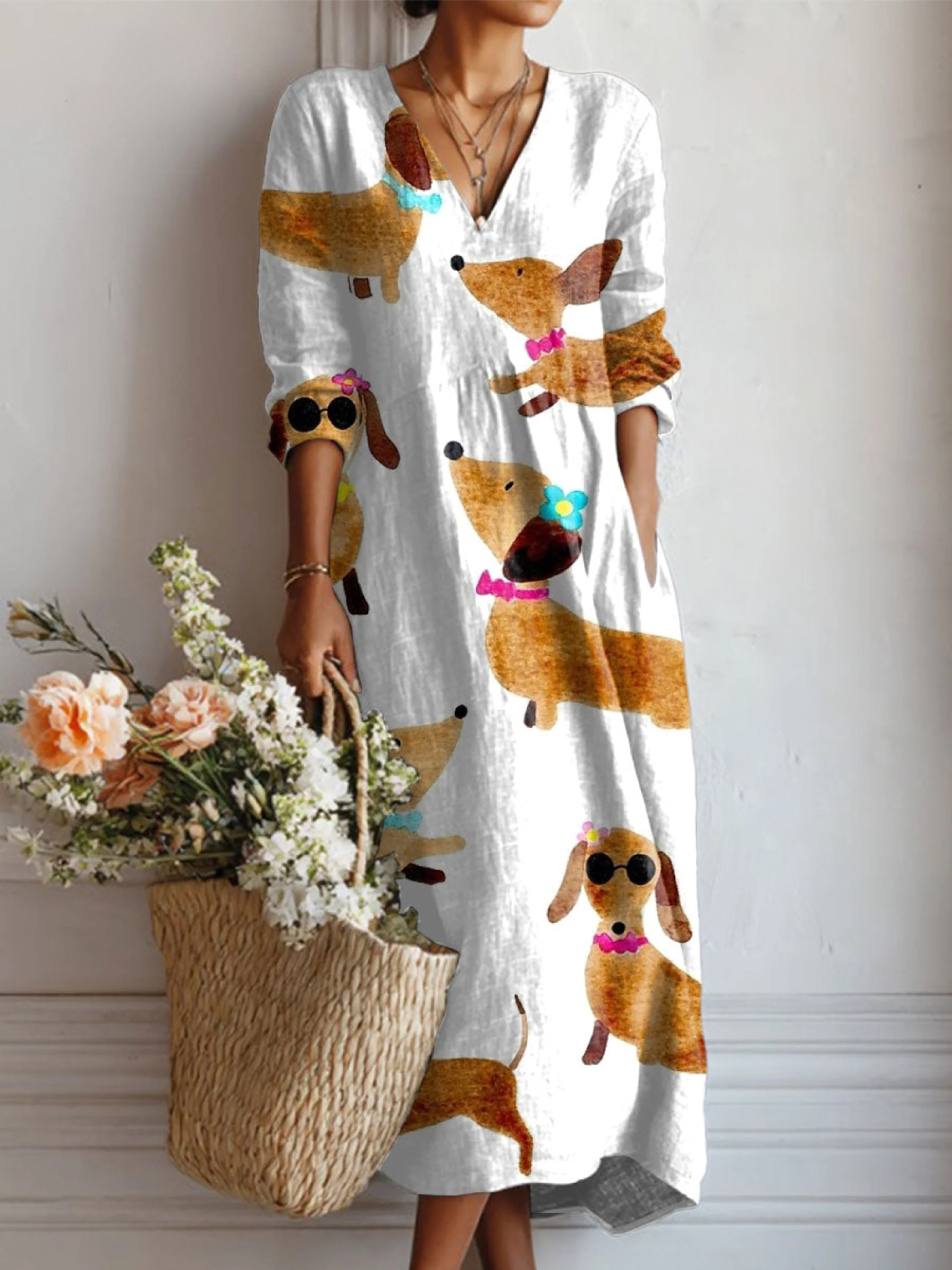 Robe en lin à poches pour femme, imprimée d'un motif teckel vintage