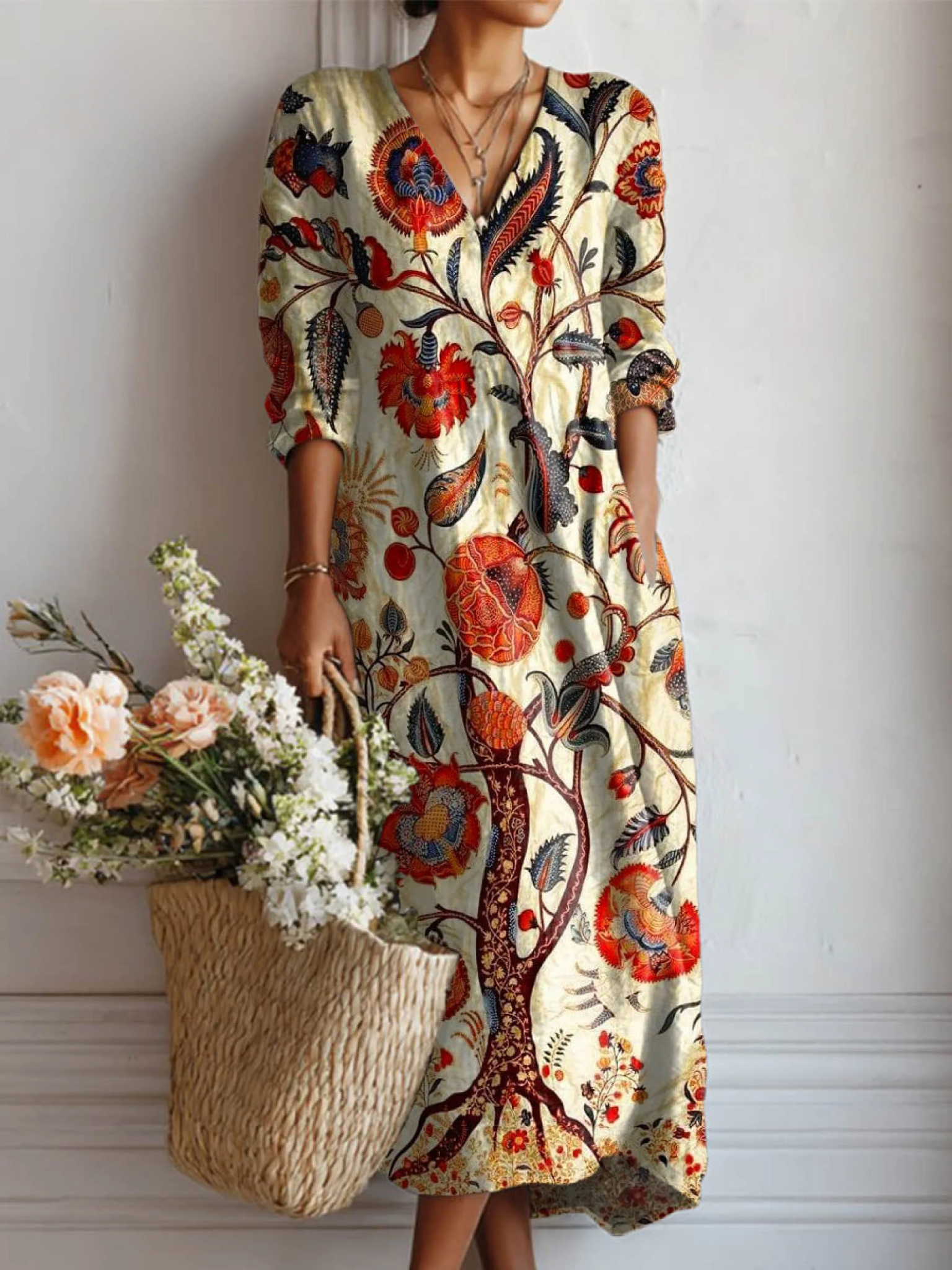 Robe à poches en coton et lin imprimé floral vintage pour femme