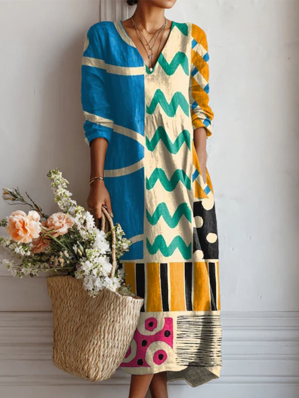 Robe en lin à poches pour femme, imprimée d'art géométrique abstrait vintage
