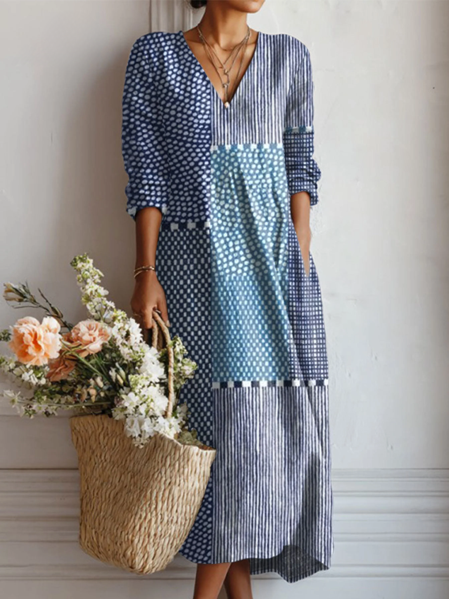 Robe en lin à poches pour femme, imprimée d'art géométrique abstrait vintage