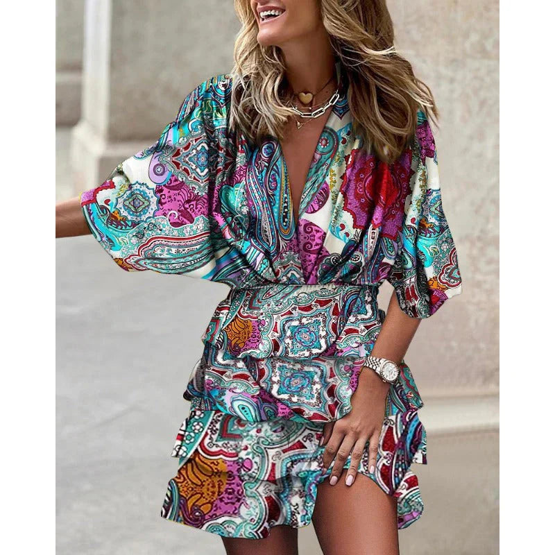 Carmen™ | Boho Mini Dress with Gold Details