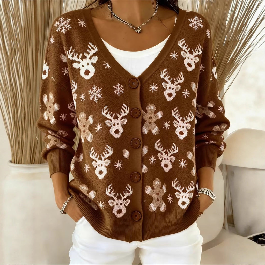 Amelia | Brown Christmas Cardigan with Reindeer &amp; Gingerbread Details 