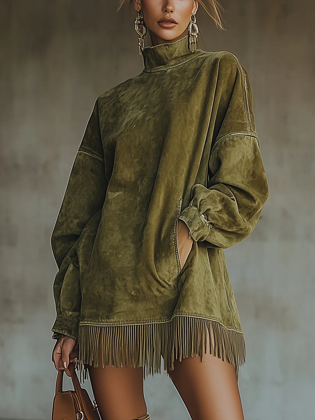 Darcie | Robe à col roulé en daim à franges