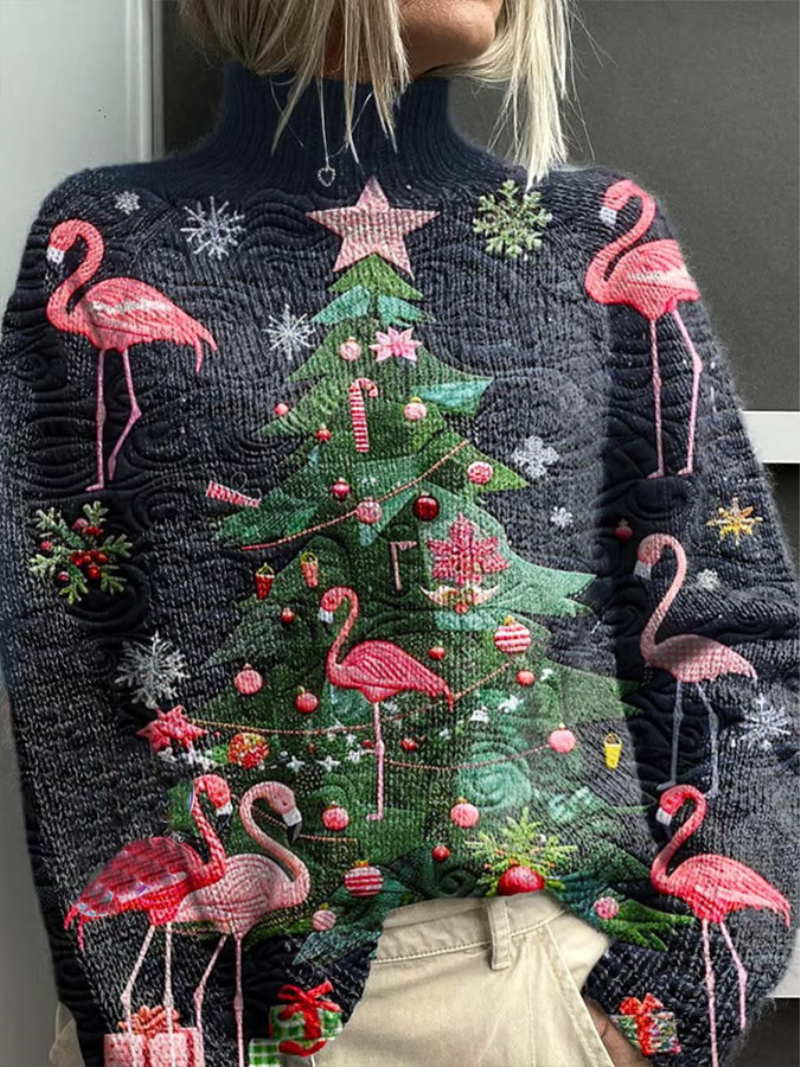 Mila - Kersttrui met flamingo's en kerstboom 