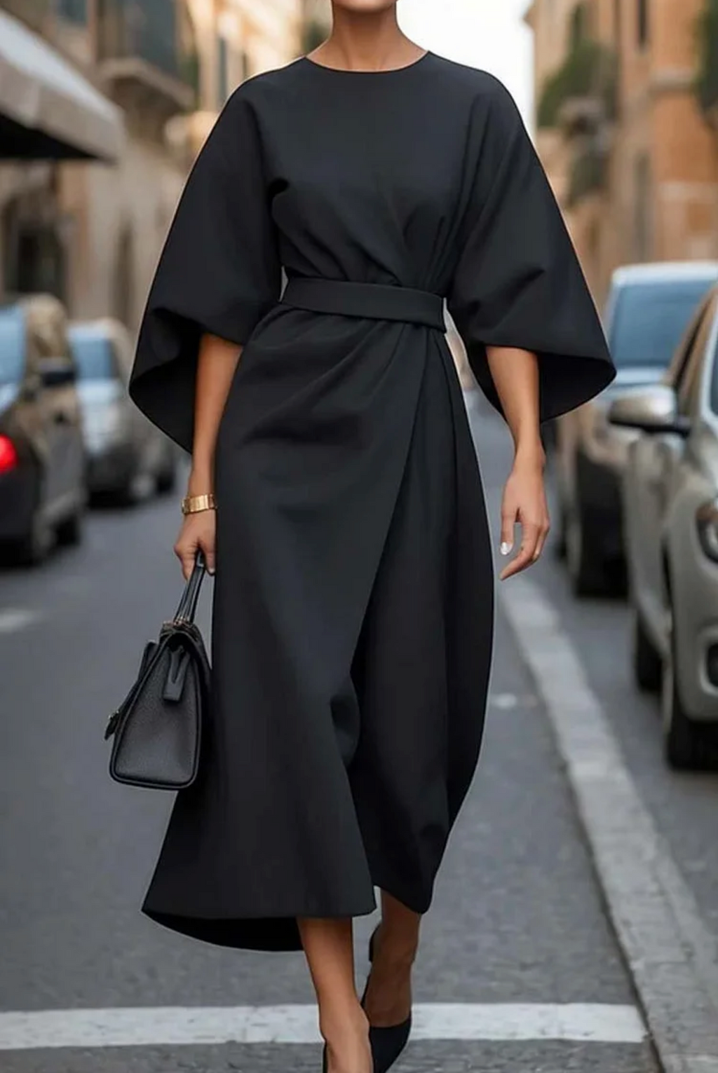 Keira™ | Dress with balloon sleeves and belt