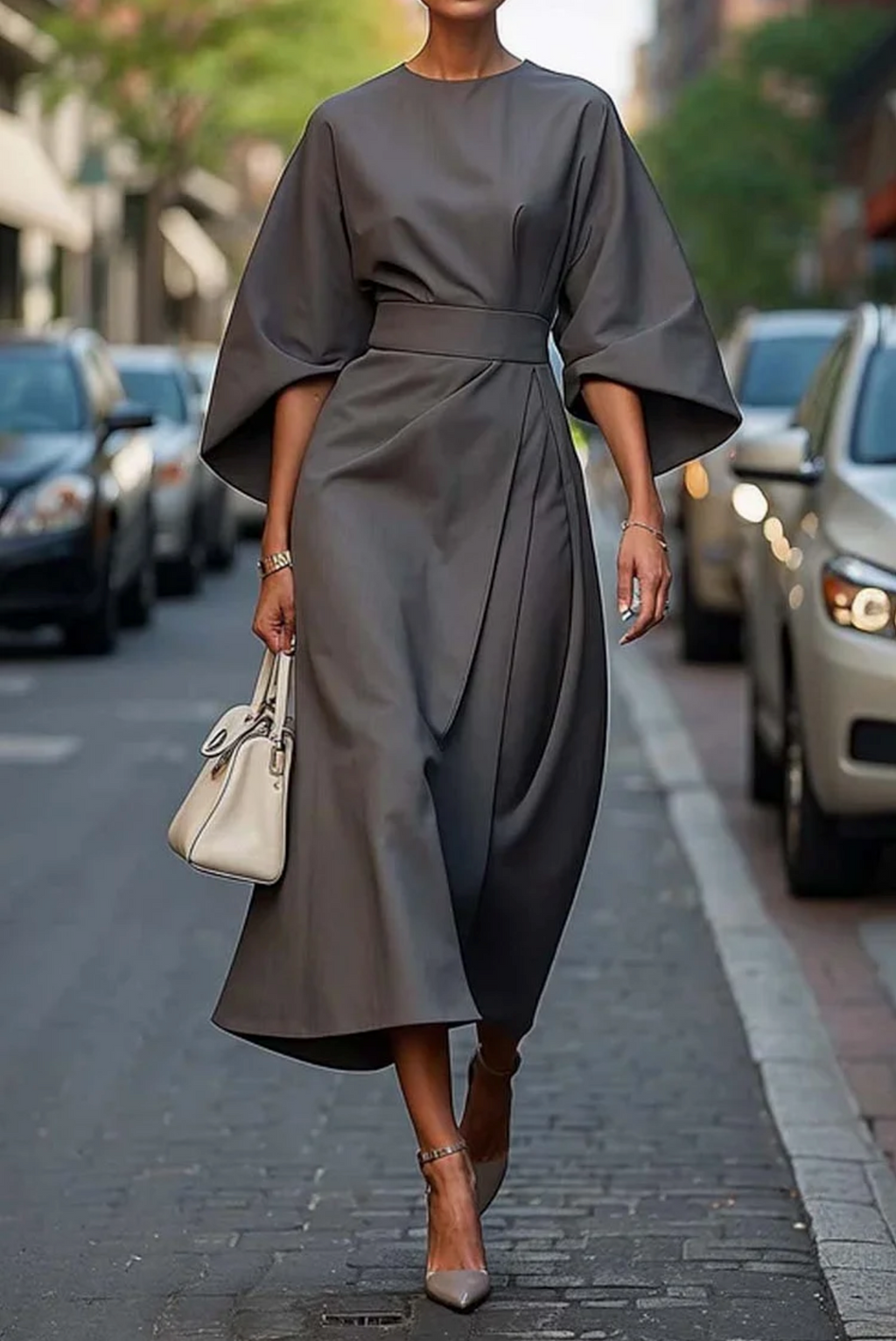 Keira™ | Dress with balloon sleeves and belt