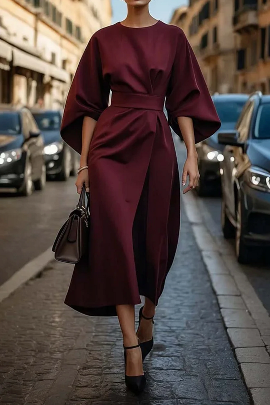 Keira™ | Dress with balloon sleeves and belt