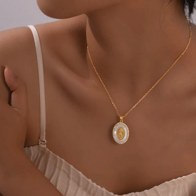 Gold Mary Oval Pendant Necklace