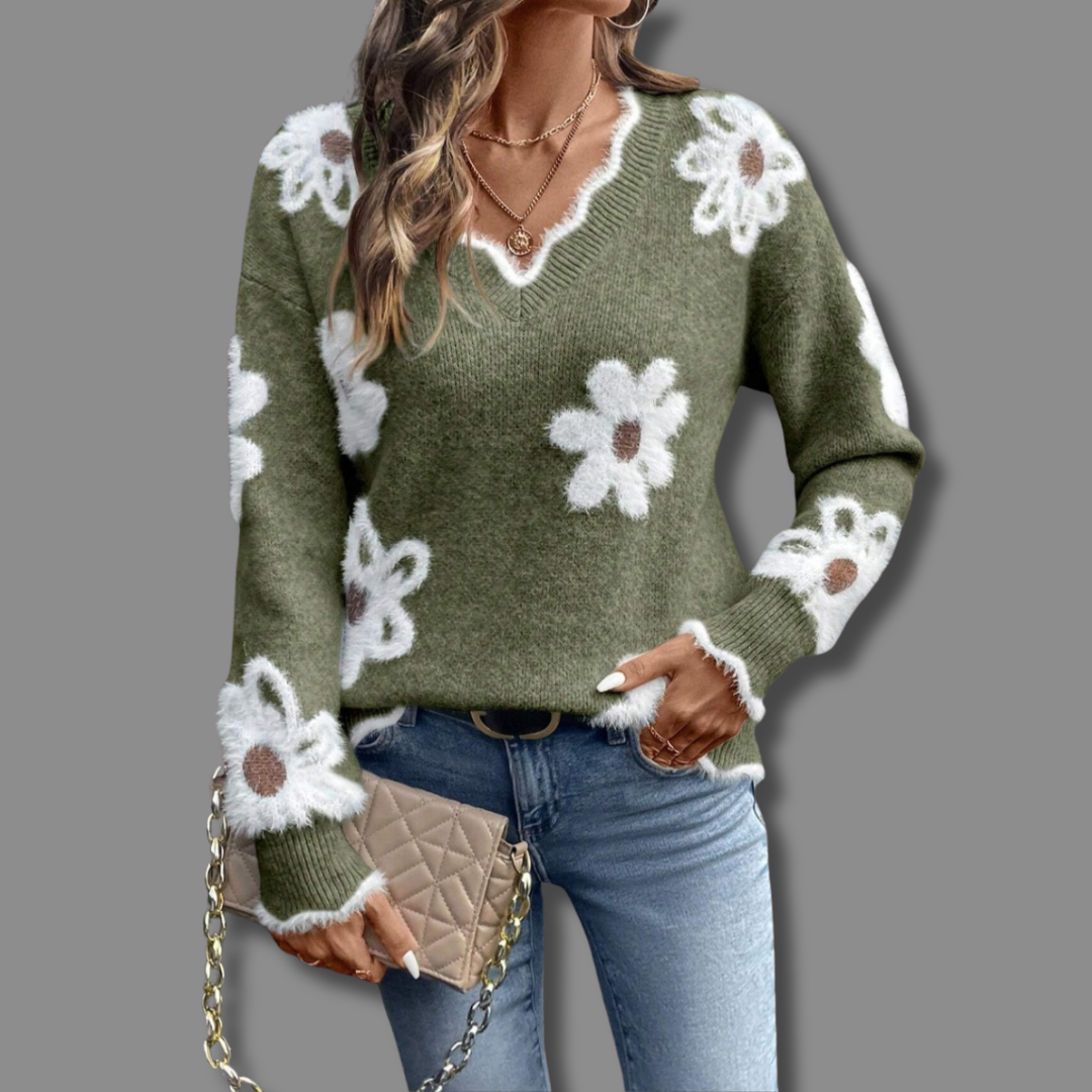 ZORA™ | Elegant floral V-neck sweater