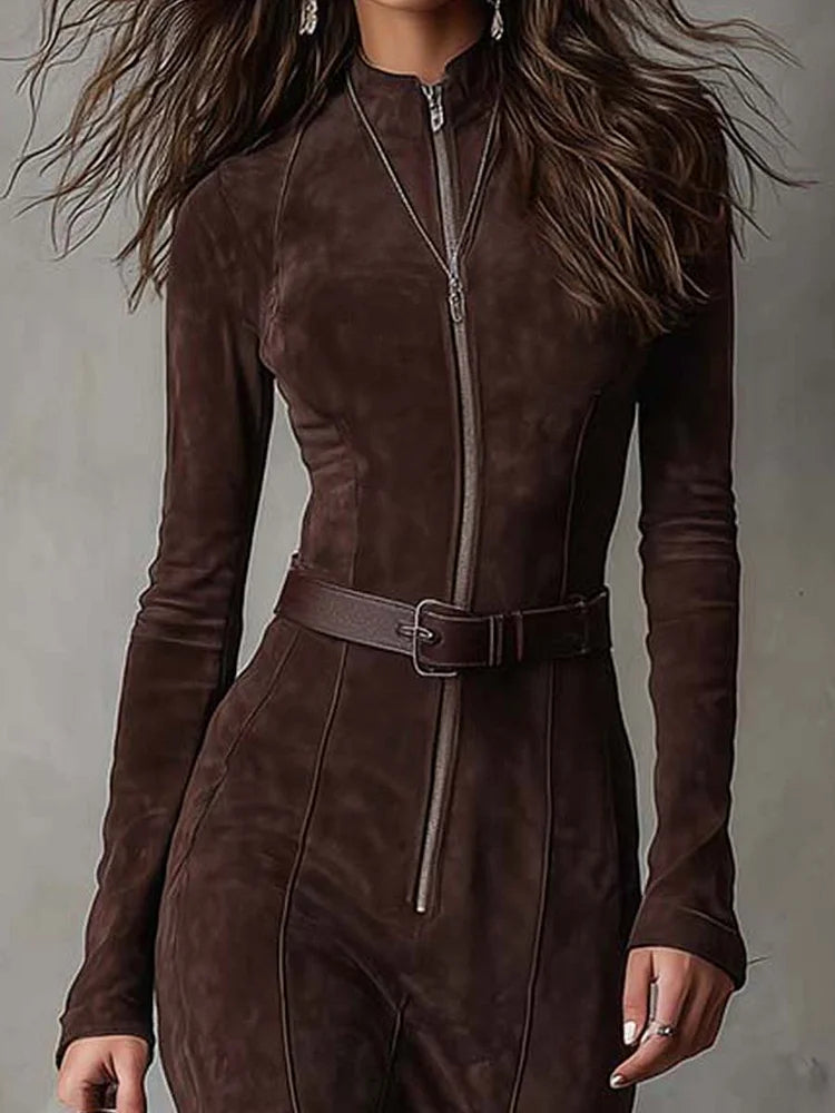 Jess | Robe zippée en daim avec ceinture