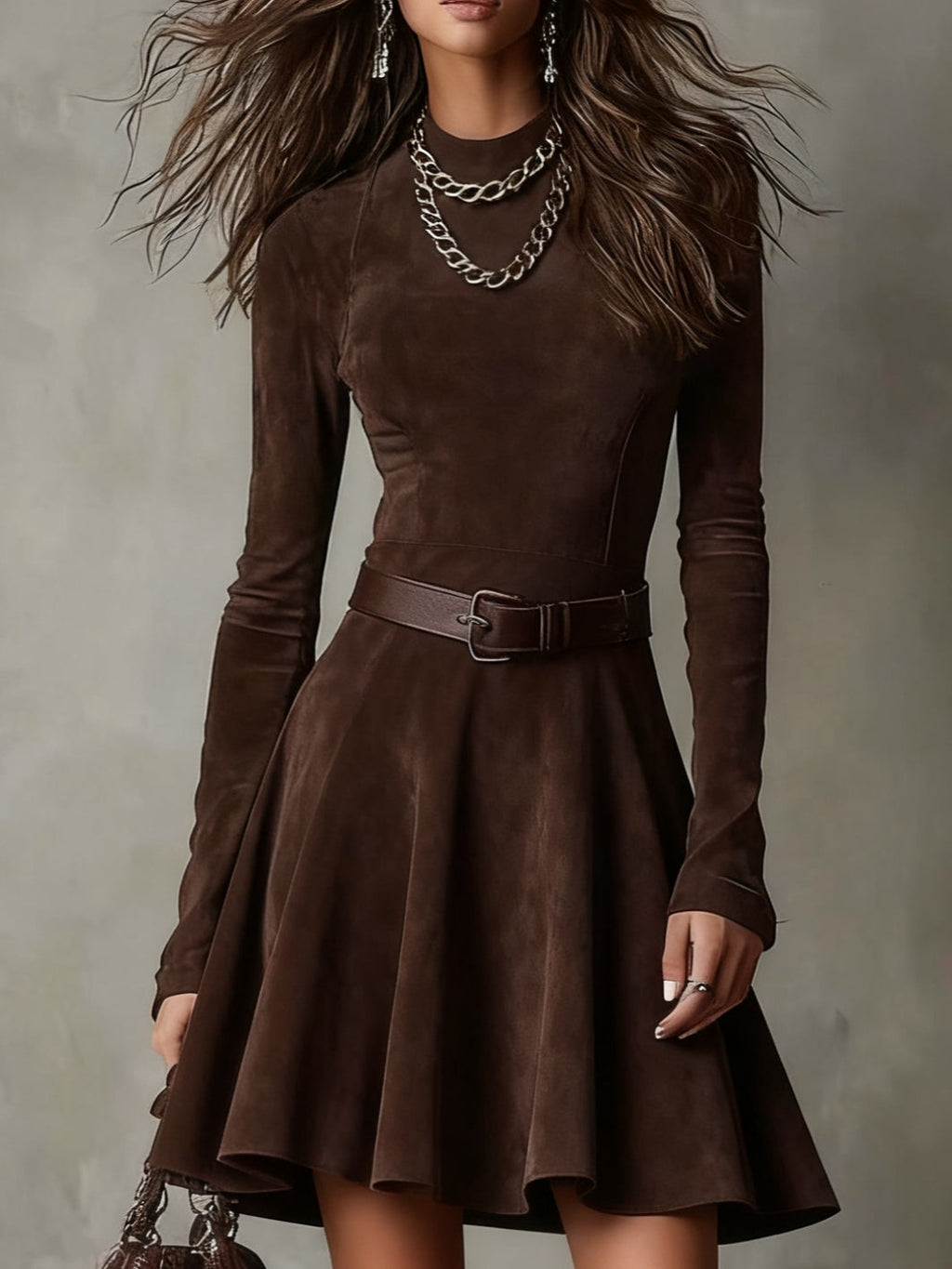 Robe courte vintage en daim marron foncé à col montant