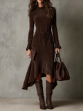 Robe midi asymétrique élégante en daim marron foncé avec cordon de serrage