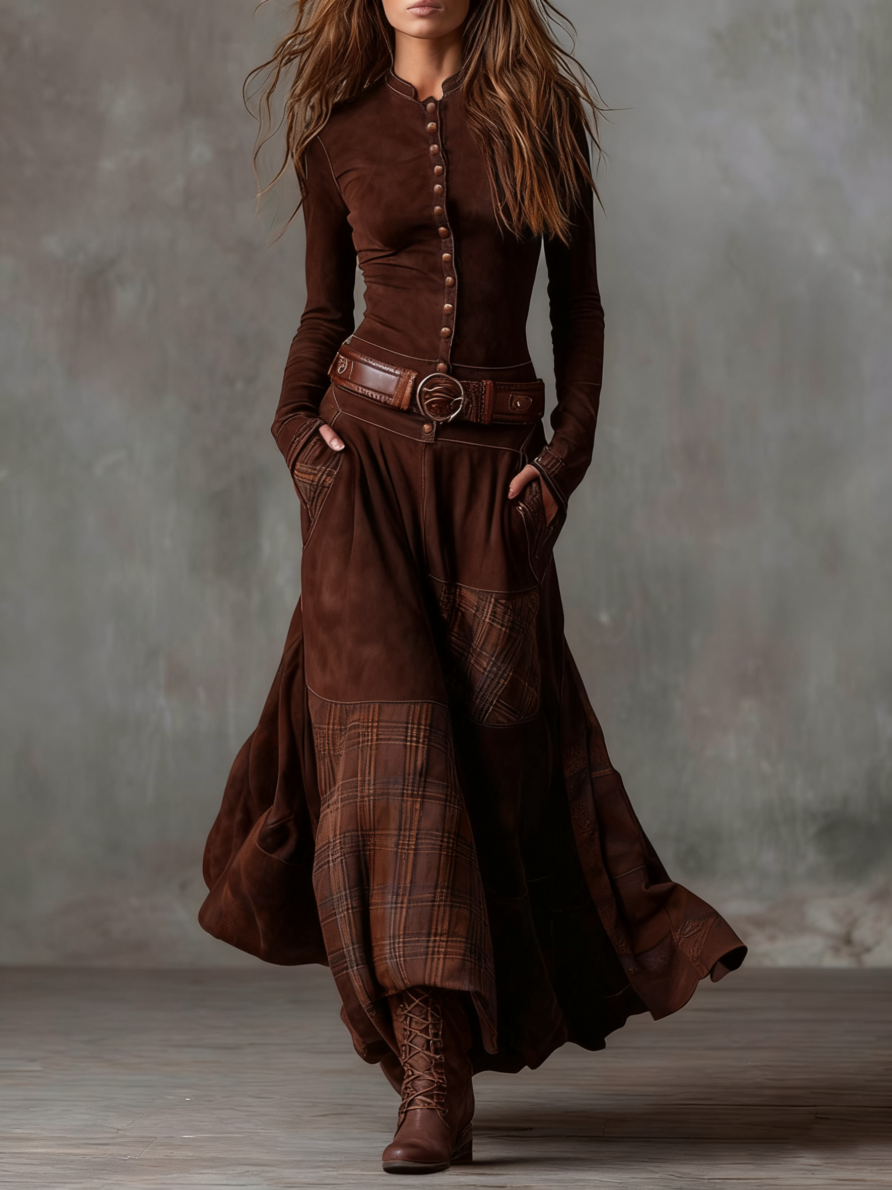 Leone | Robe longue vintage en daim à carreaux (ceinture incluse)