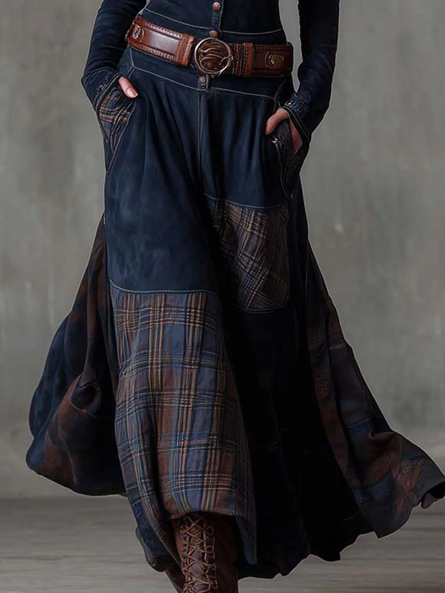 Leone | Robe longue vintage en daim à carreaux (ceinture incluse)