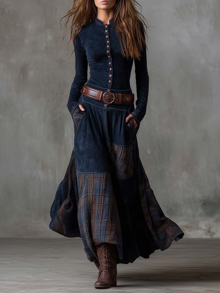 Leone | Robe longue vintage en daim à carreaux (ceinture incluse)
