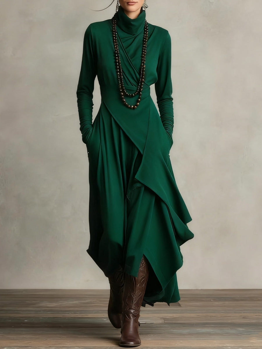 Lonnie | Robe longue asymétrique drapée élégante à col montant
