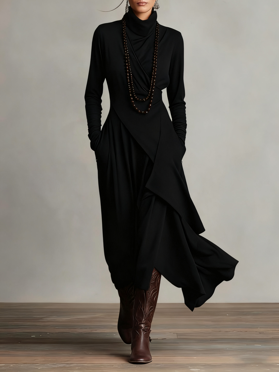 Lonnie | Robe longue asymétrique drapée élégante à col montant