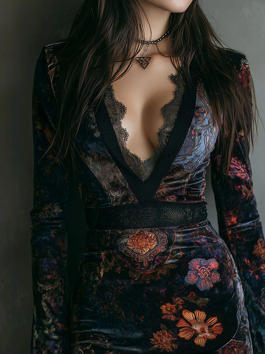 Robe mini moulante en velours à imprimé floral et col en V ornée de dentelle