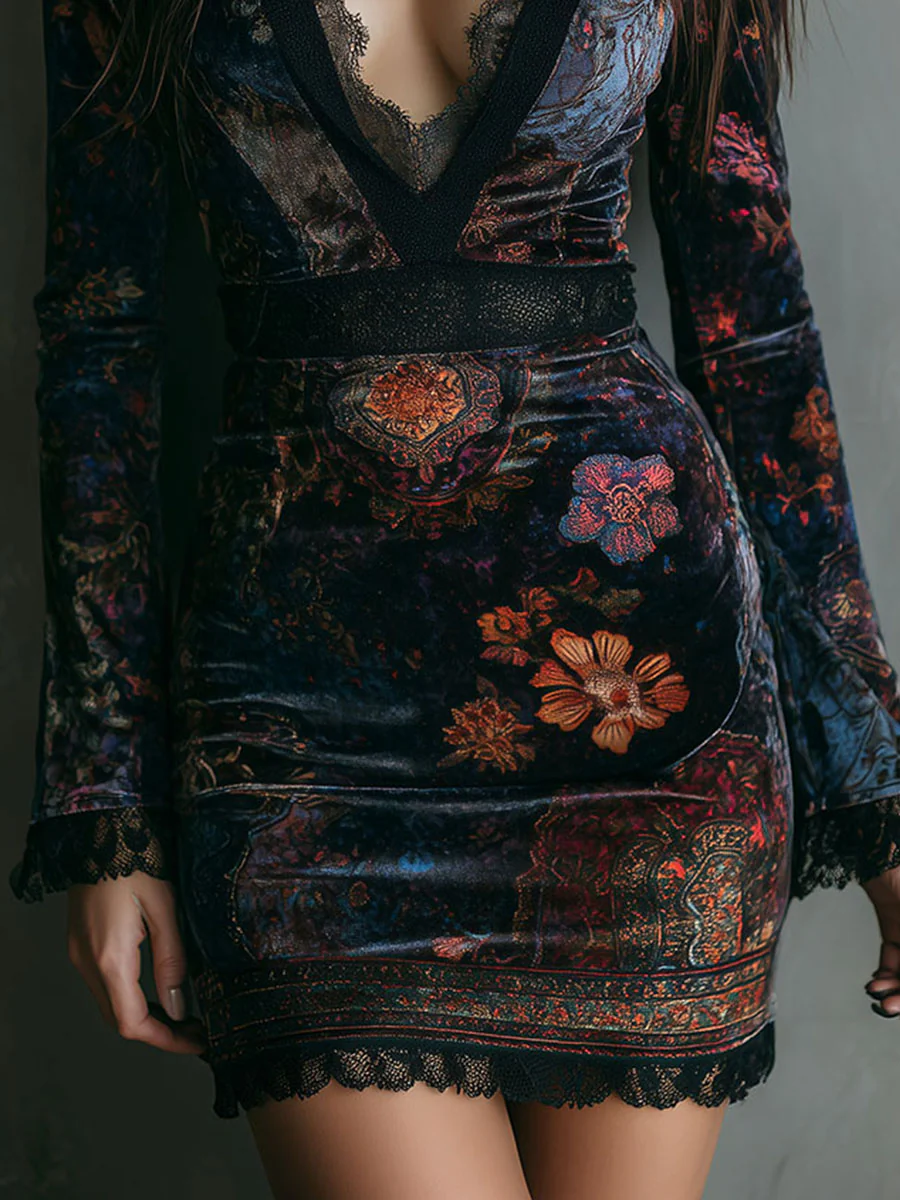 Robe mini moulante en velours à imprimé floral et col en V ornée de dentelle