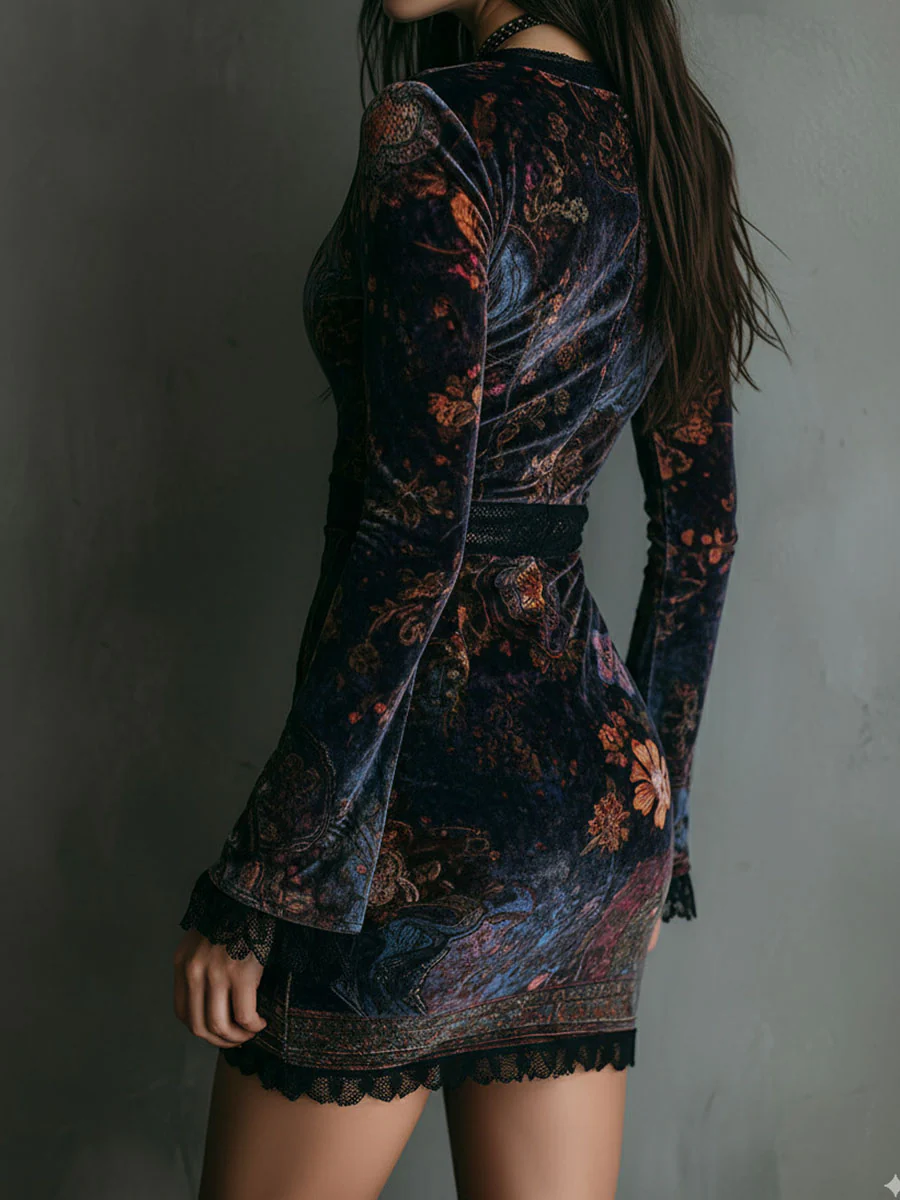 Robe mini moulante en velours à imprimé floral et col en V ornée de dentelle