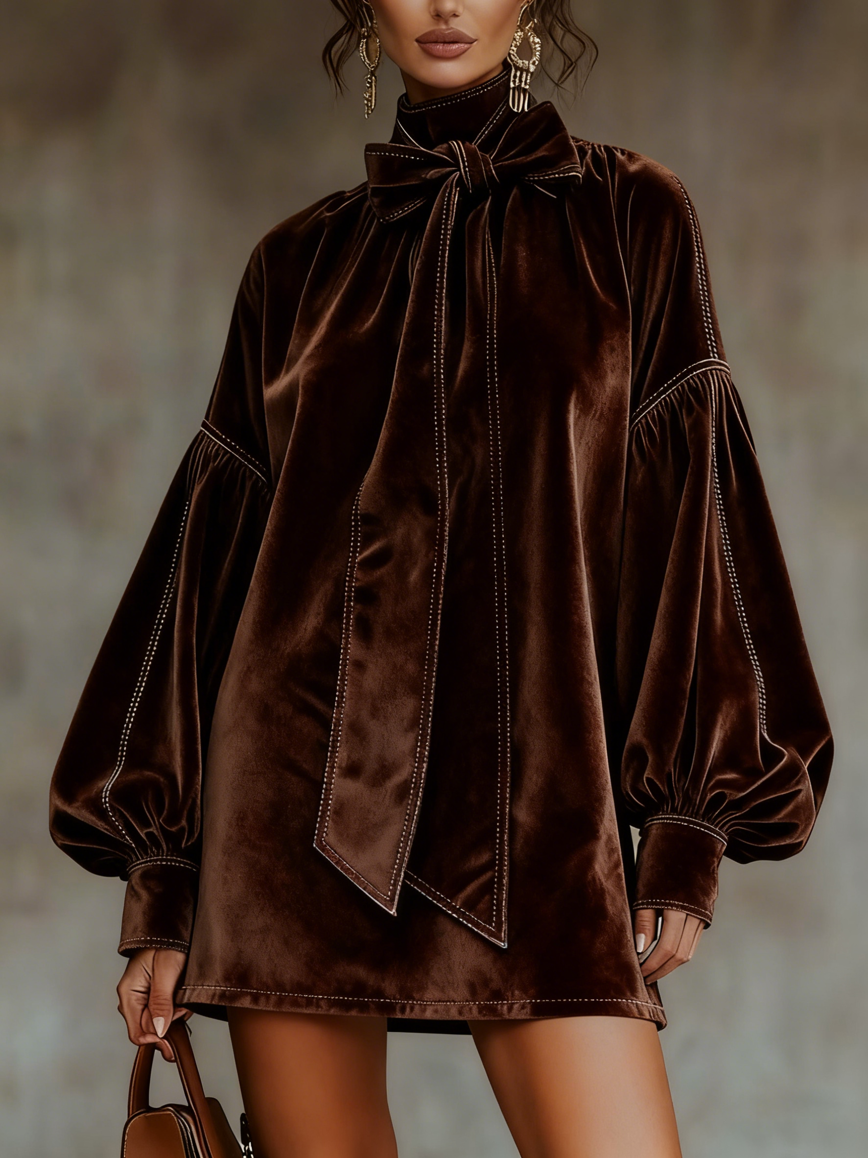 Robe courte à manches lanternes et nœud papillon en velours marron foncé