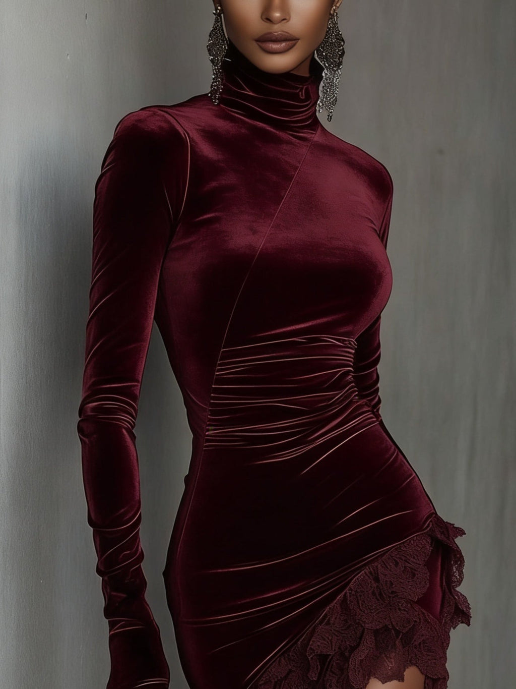 Robe mini ajustée en velours bordeaux à col roulé et ourlet en dentelle