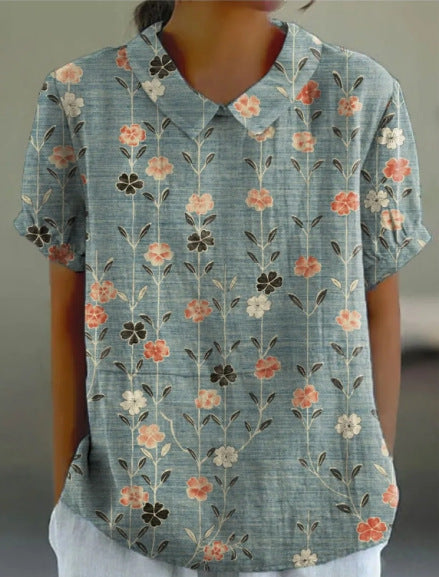 JANE™ | Cotton linen blouse with pastoral floral pattern