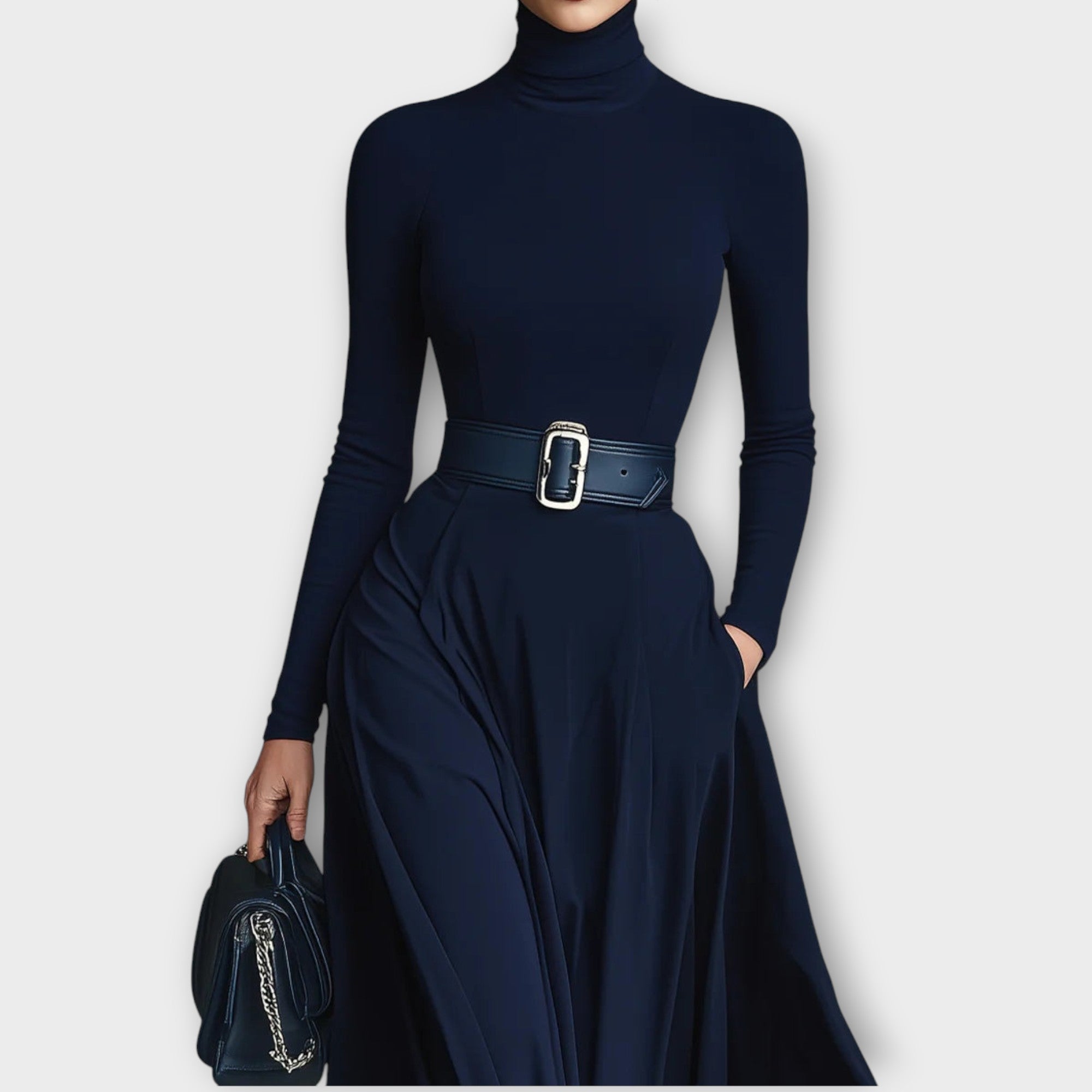 Céline | Robe à col montant ceinturée 