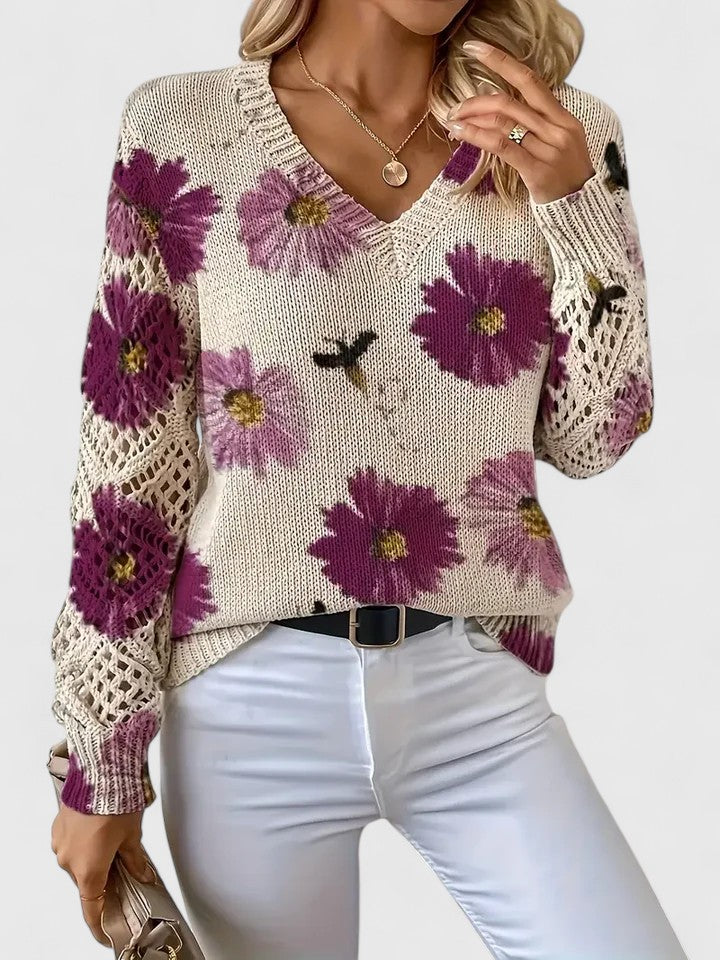 LOVENA | elegant sweater with floral pattern, full sleeves, feminine cut