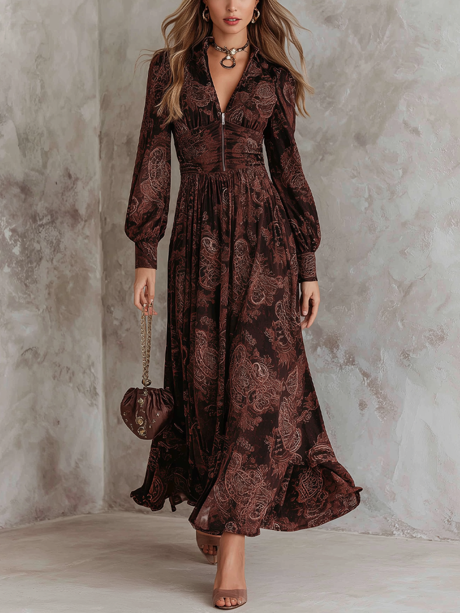 Eloise | Robe longue zippée à la taille, motif cachemire